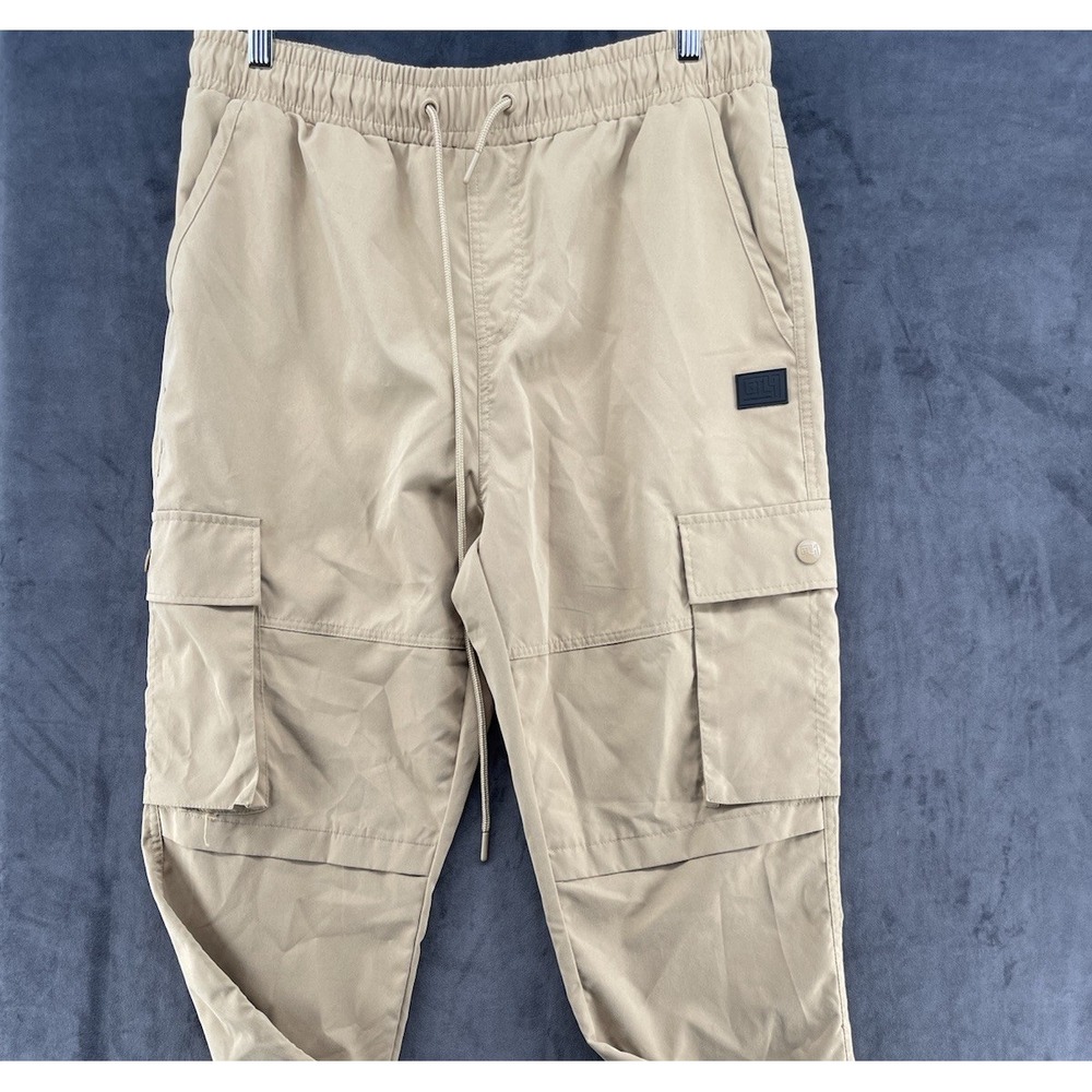 GLY Men's Cargo Jogger Pants Beige XL Elastic Waist Drawstring Tapered Casual